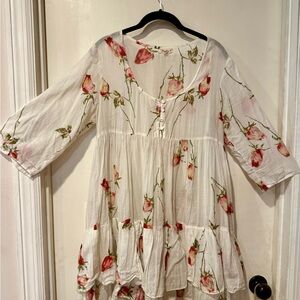 Elegant Floral White and Red Women's Sheer ruffled dress. Medium